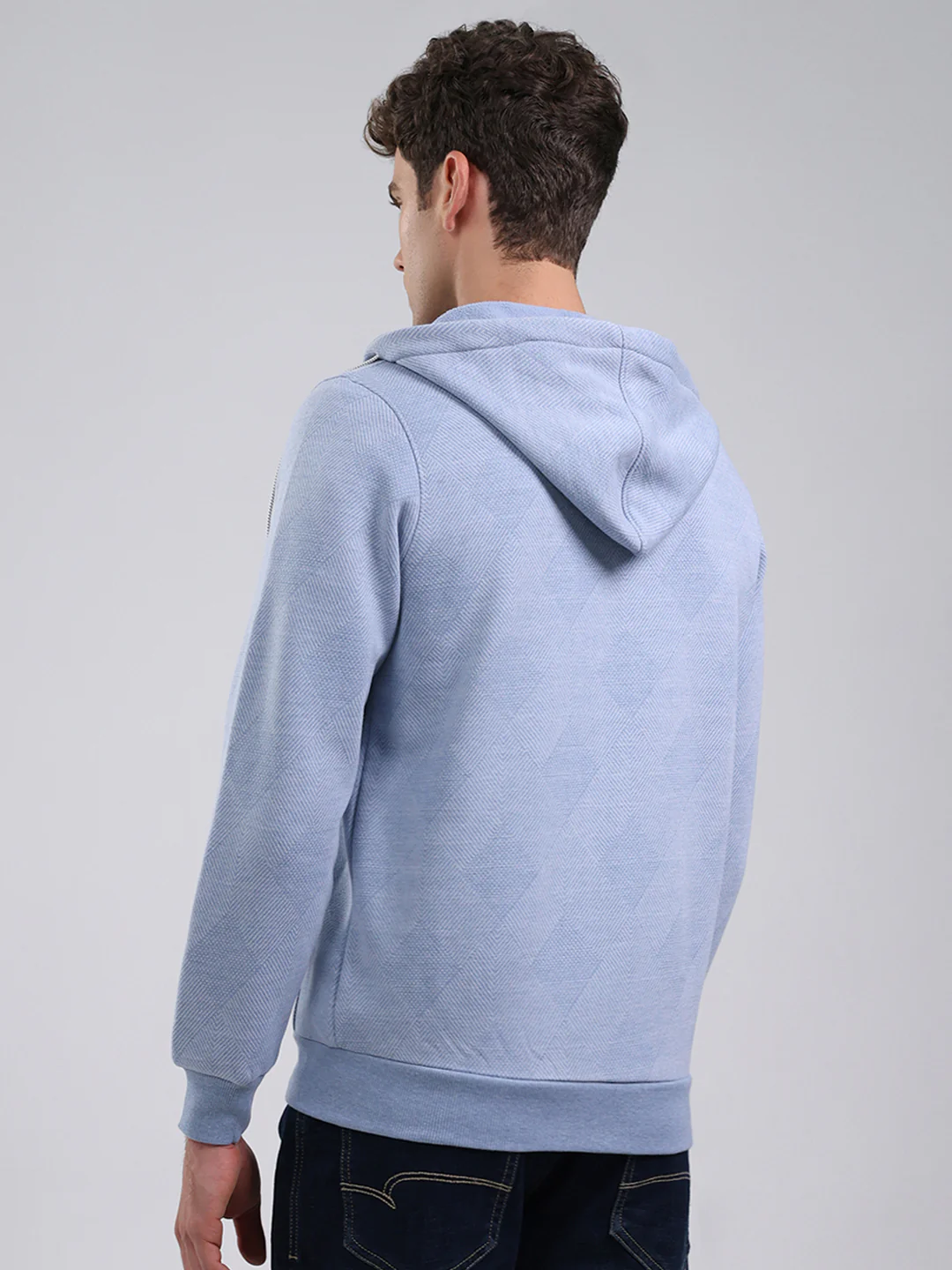Men Sky Blue Solid Hooded Full Sleeve Sweatshirt - Image 5