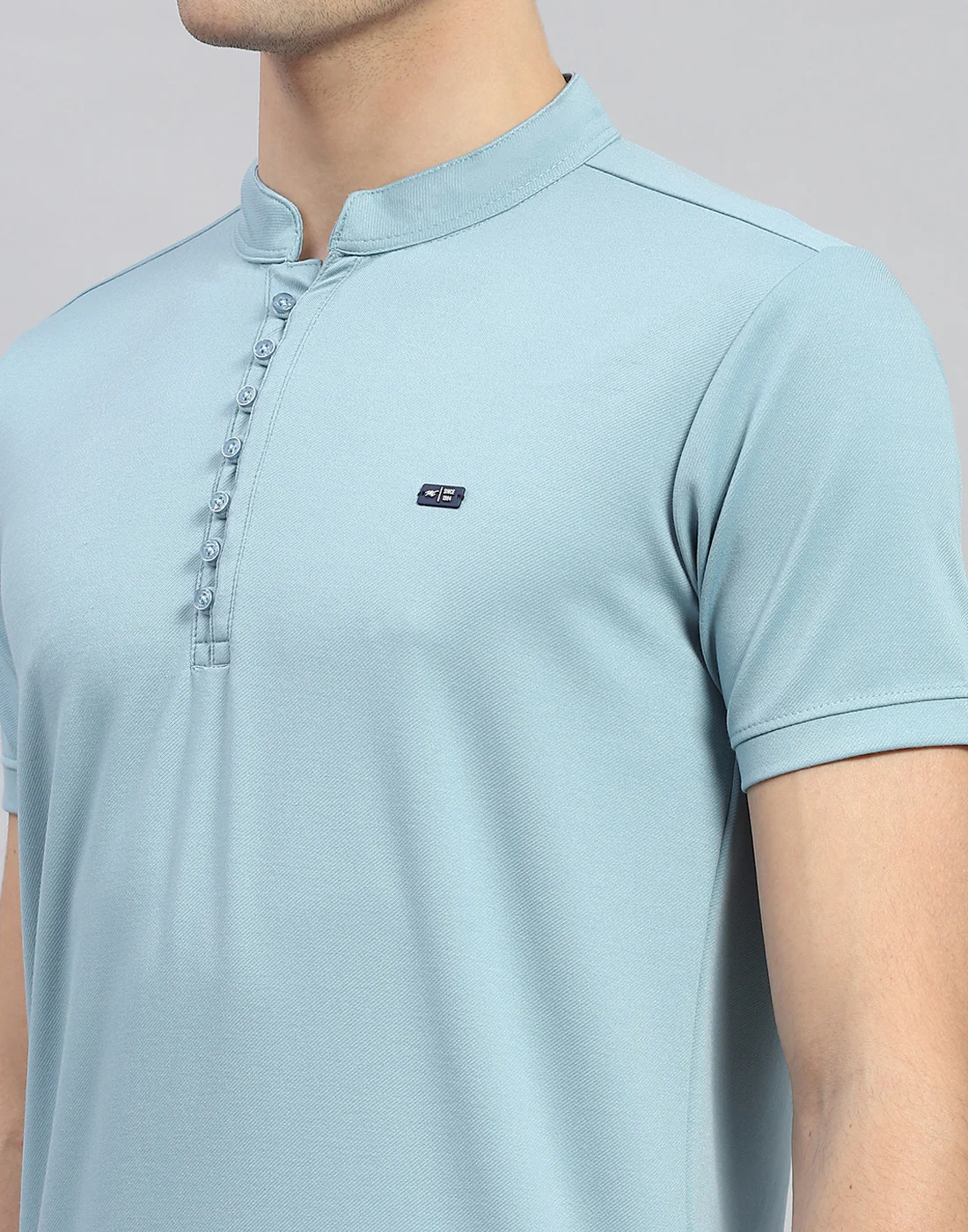 Men Sky Blue Solid  Mandarin Neck Half Sleeve T-Shirt - Image 6