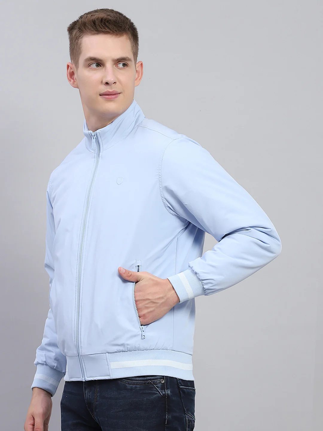 Men Sky Blue Solid Mock Neck Full Sleeve Jacket - Image 3