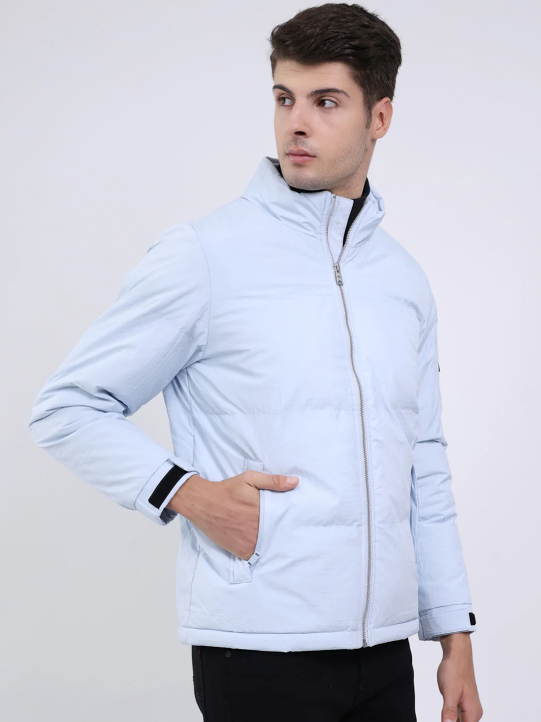 Men Sky Blue Solid Mock Neck Full Sleeve Jacket - Image 4