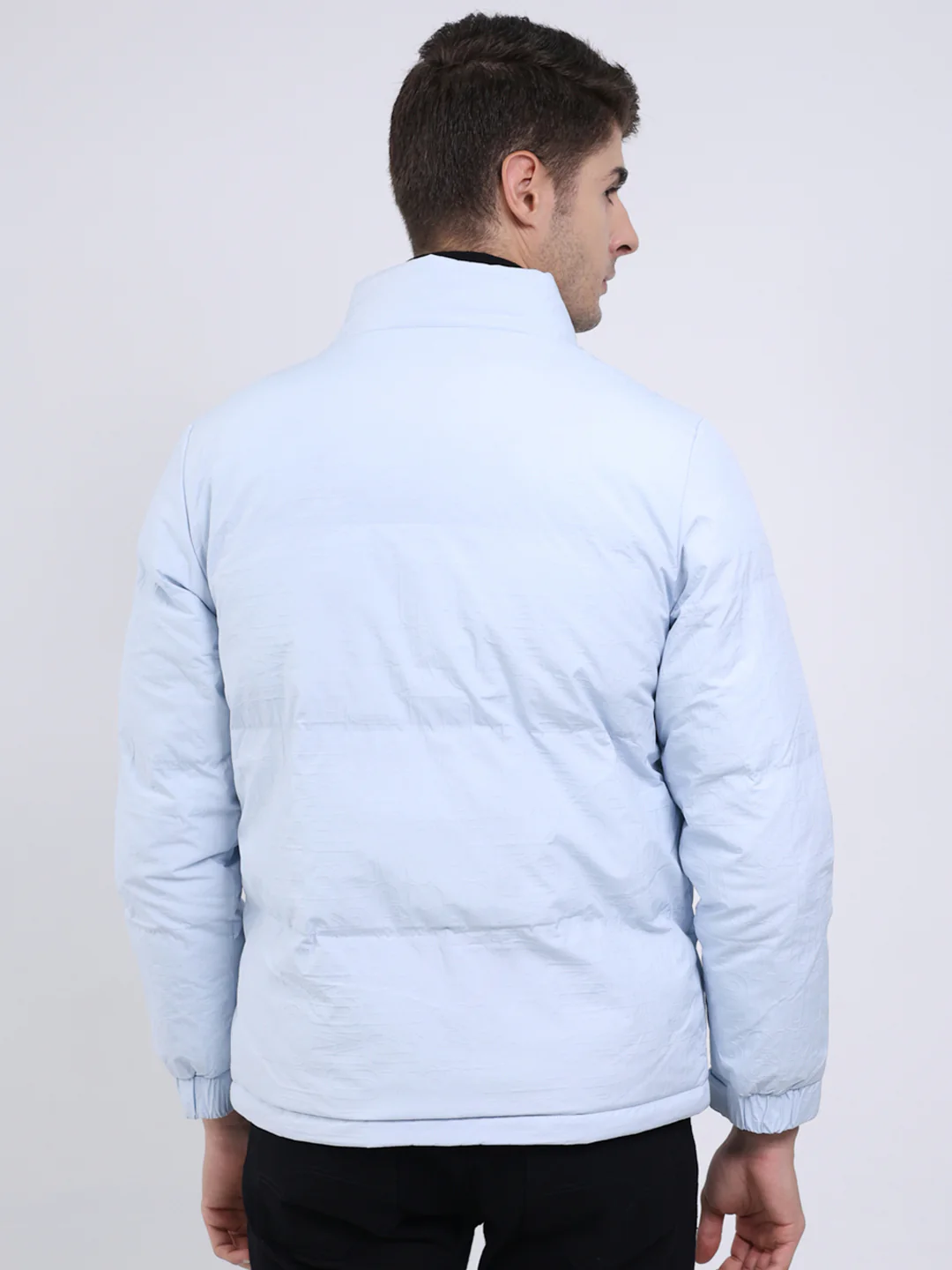 Men Sky Blue Solid Mock Neck Full Sleeve Jacket - Image 5