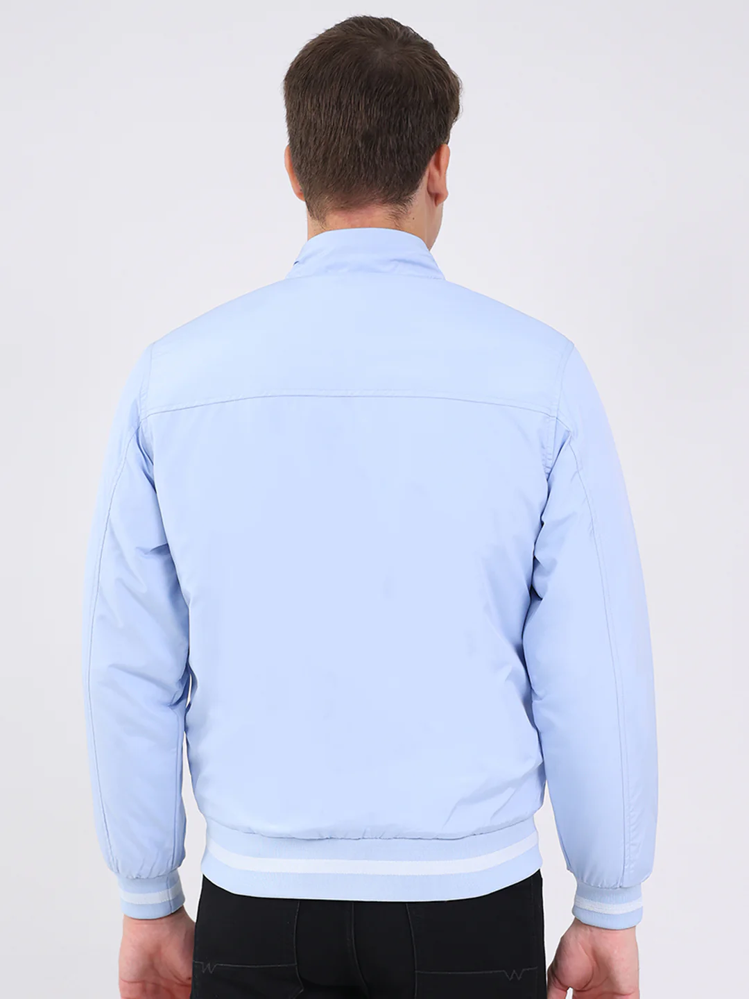 Men Sky Blue Solid Mock Neck Full Sleeve Jacket - Image 5