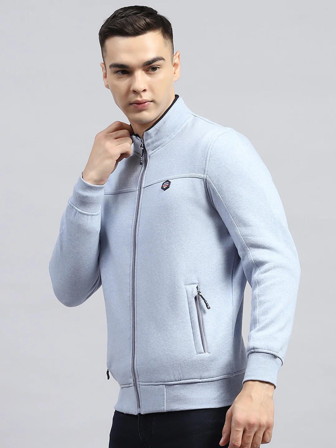 Men Sky Blue Solid Mock Neck Full Sleeve Sweatshirt - Image 3