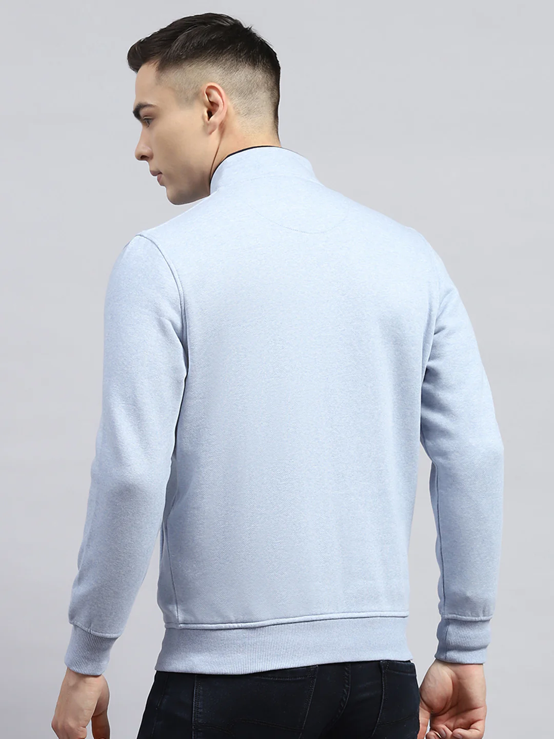 Men Sky Blue Solid Mock Neck Full Sleeve Sweatshirt - Image 5