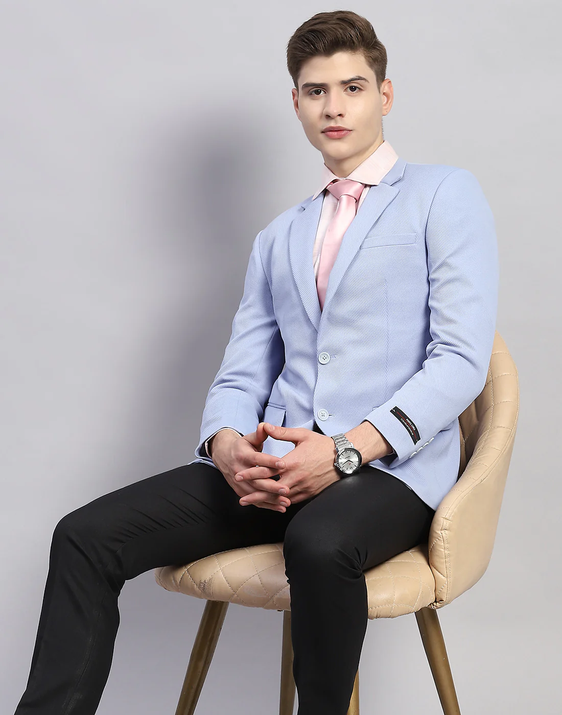 Men Sky Blue Solid Notch Lapel Collar Full Sleeve Blazer - Image 6