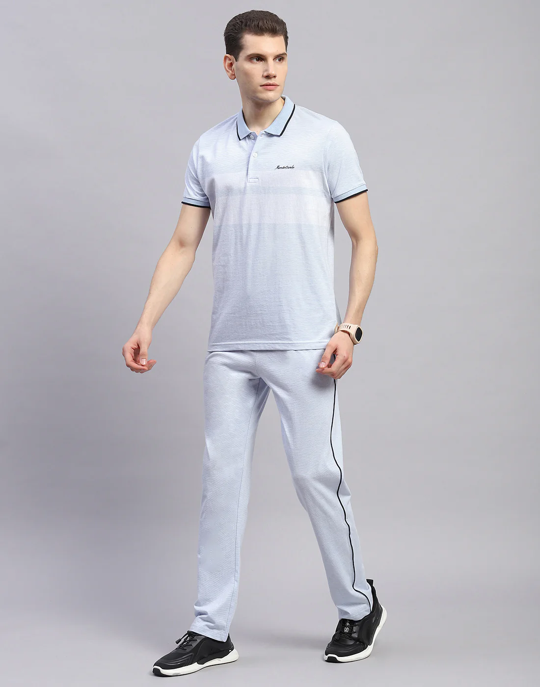 Men Sky Blue Solid Polo Collar Half Sleeve Lower Set - Image 3