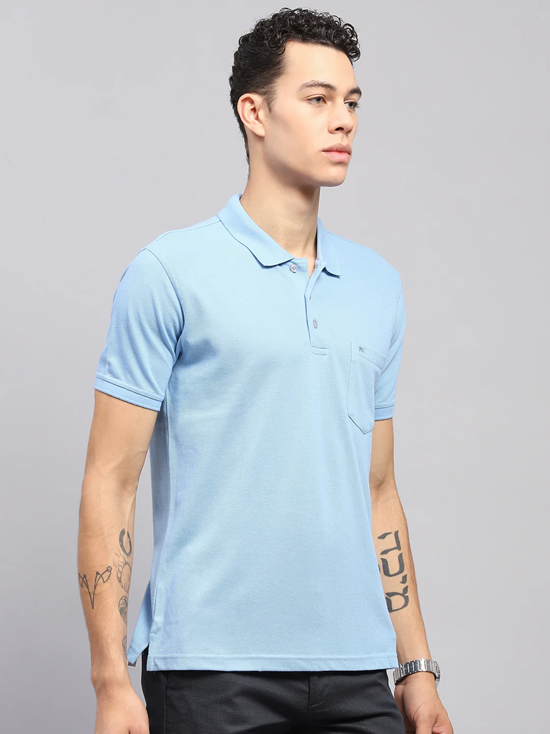 Men Sky Blue Solid Polo Collar Half Sleeve T-Shirt - Image 4