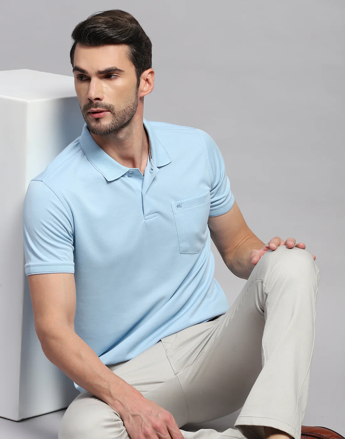 Men Sky Blue Solid Polo Collar Half Sleeve T-Shirt - Image 6