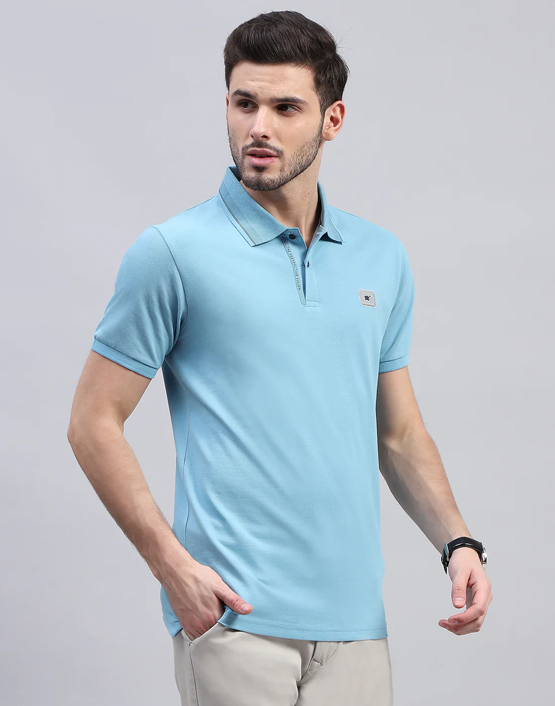 Men Sky Blue Solid Polo Collar Half Sleeve T-Shirt - Image 4