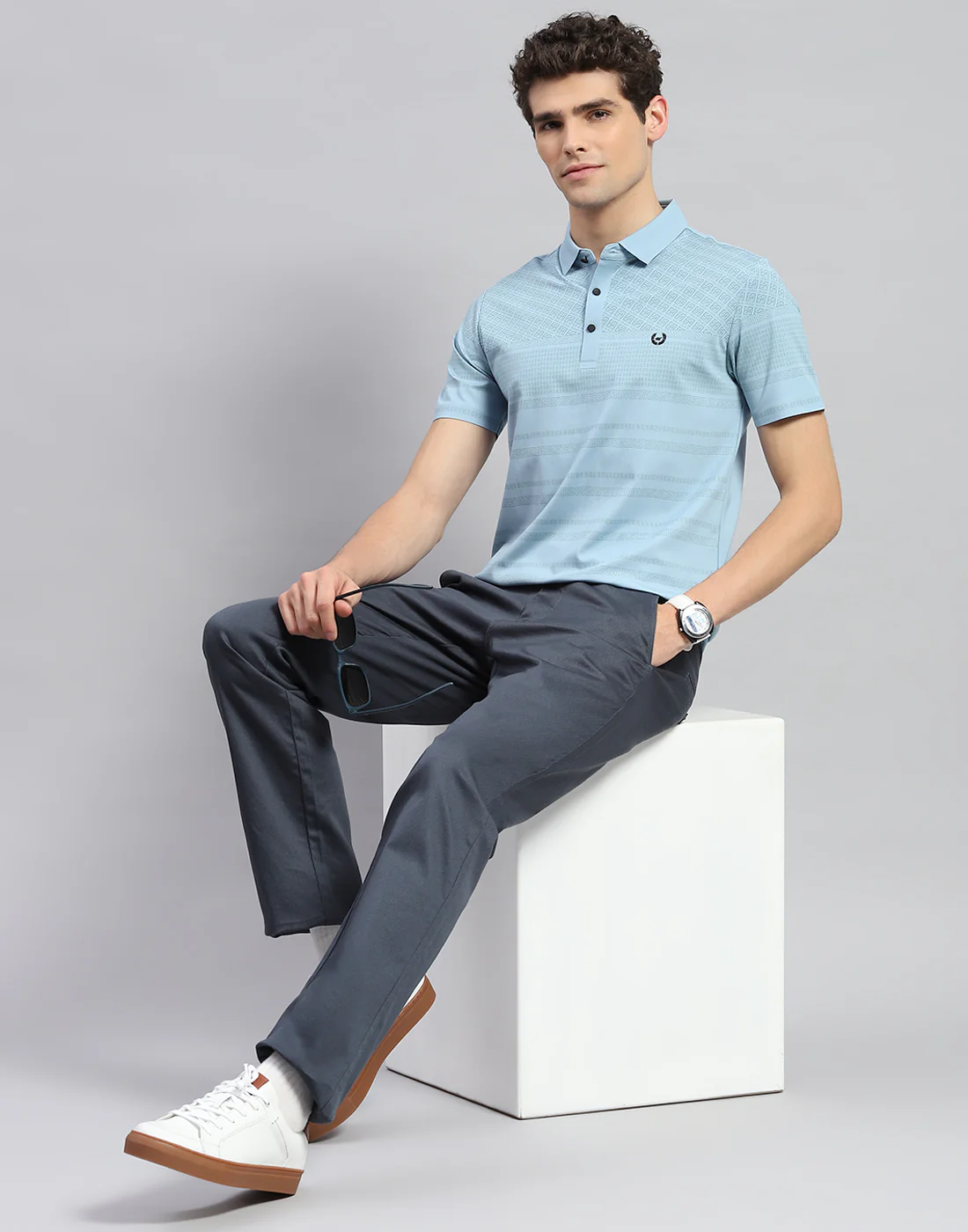 Men Sky Blue Solid Polo Collar Half Sleeve T-Shirt - Image 2