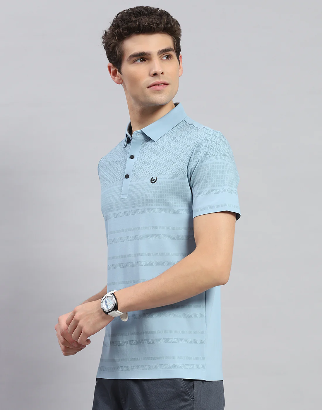 Men Sky Blue Solid Polo Collar Half Sleeve T-Shirt - Image 3