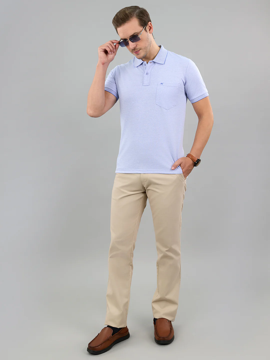 Men Sky Blue Solid Polo Collar Half Sleeve T-Shirt - Image 6