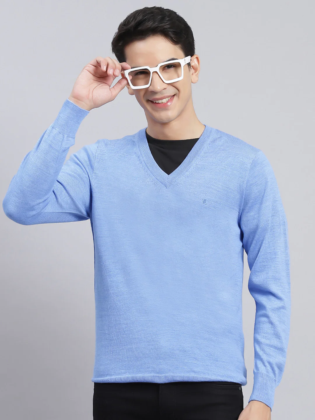 Men Sky Blue Solid Pure wool Pullover - Image 2