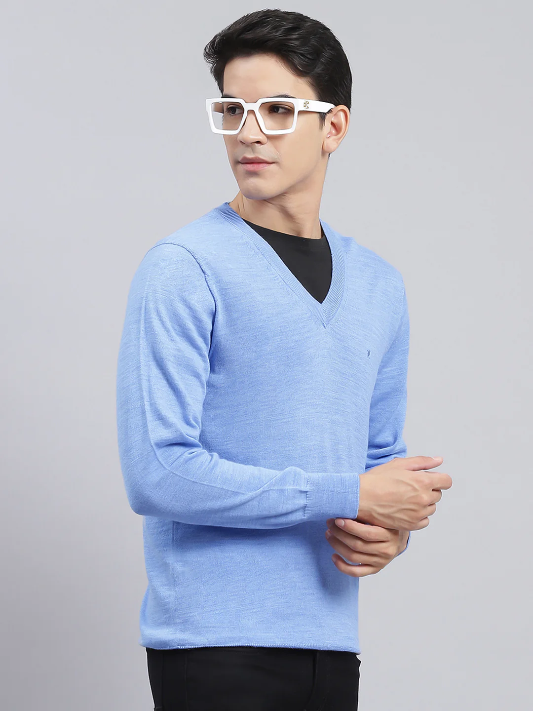 Men Sky Blue Solid Pure wool Pullover - Image 3