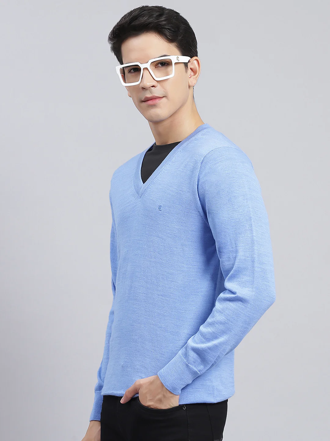 Men Sky Blue Solid Pure wool Pullover - Image 4