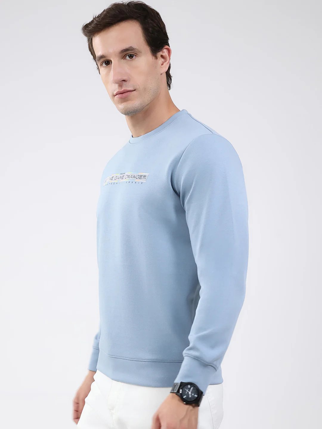 Men Sky Blue Solid Round Neck Full Sleeve Sweatshirt - Image 3