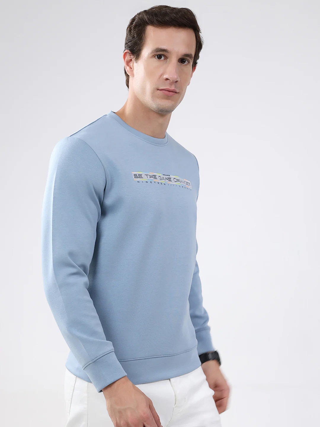 Men Sky Blue Solid Round Neck Full Sleeve Sweatshirt - Image 4