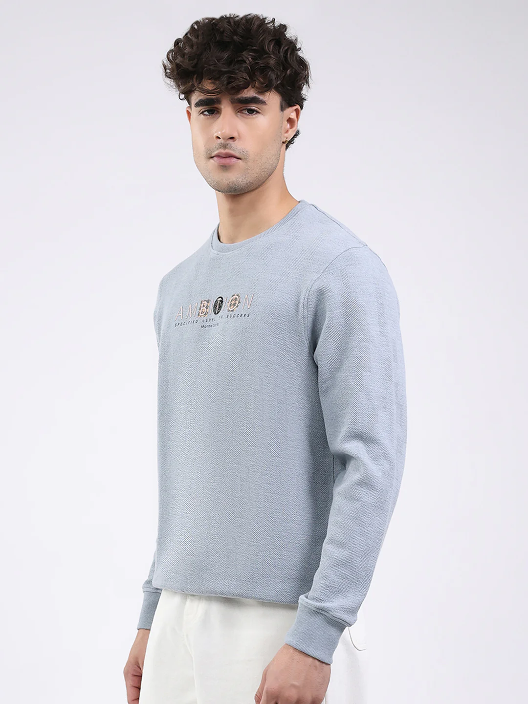 Men Sky Blue Solid Round Neck Full Sleeve Winter T-Shirt - Image 3