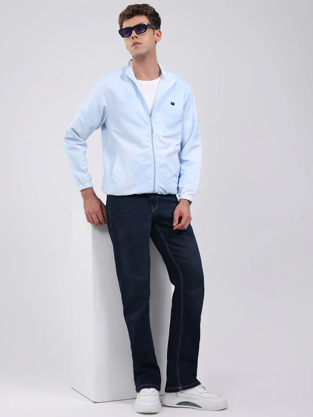 Men Sky Blue Solid Stand Collar Full Sleeve Jacket - Image 2