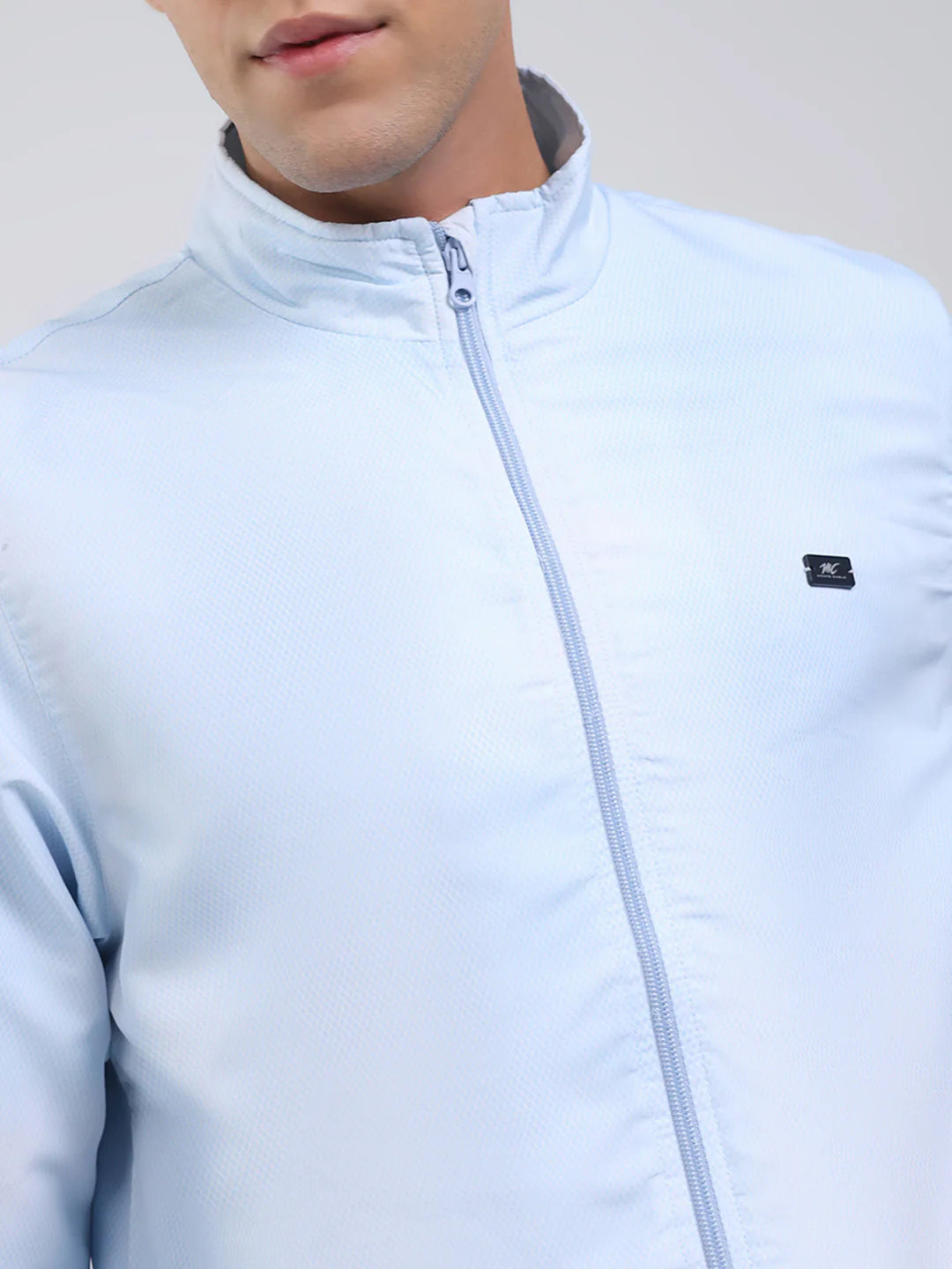 Men Sky Blue Solid Stand Collar Full Sleeve Jacket - Image 6