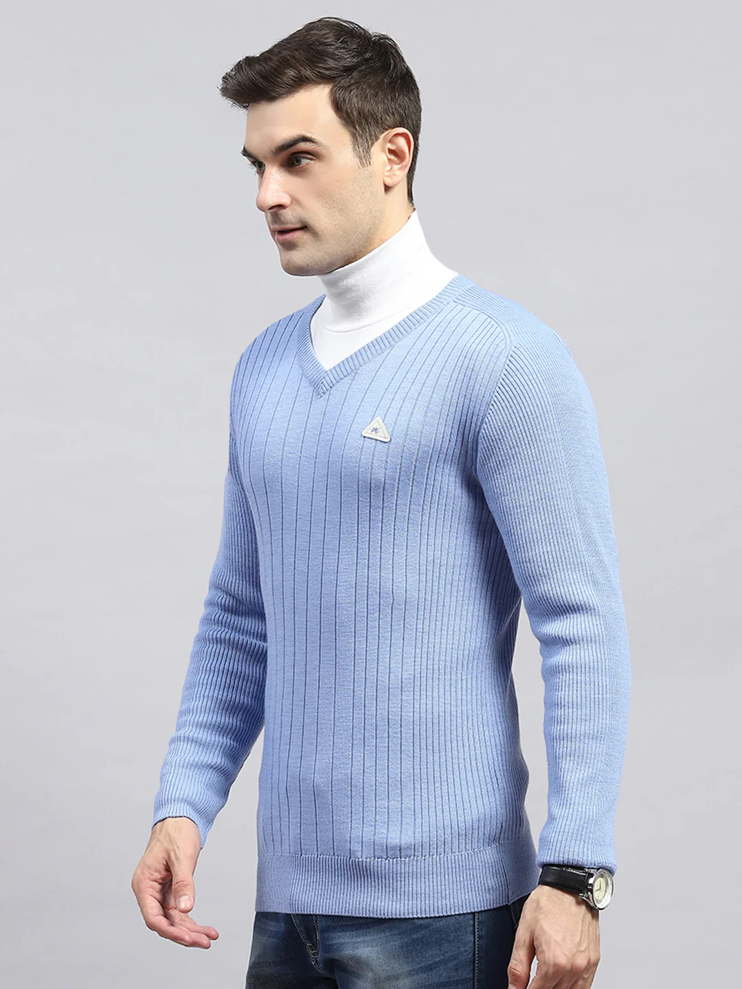 Men Sky Blue Solid V Neck Full Sleeve Pullover - Image 3
