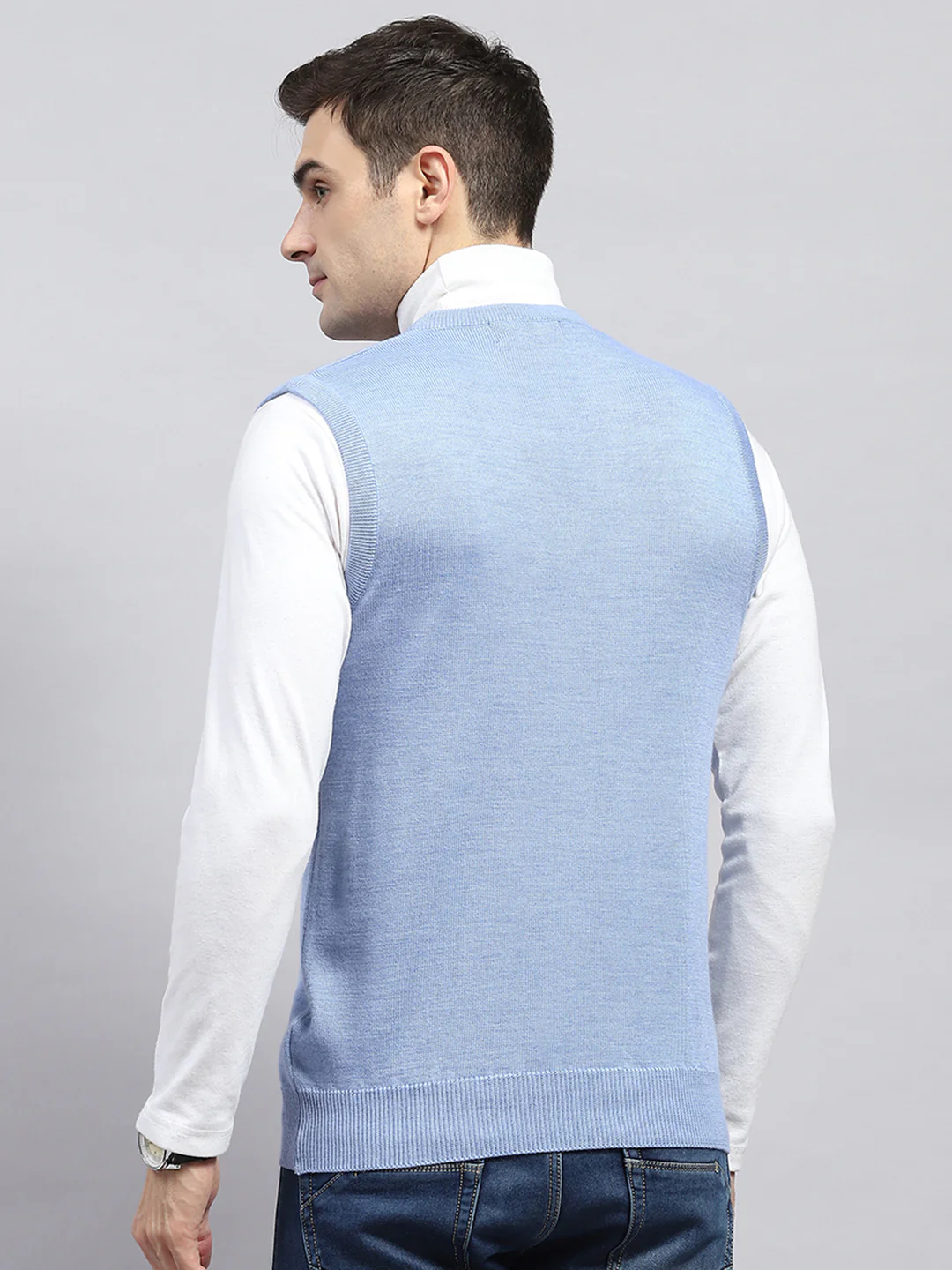 Men Sky Blue Solid V Neck Sleeveless Sweater - Image 5
