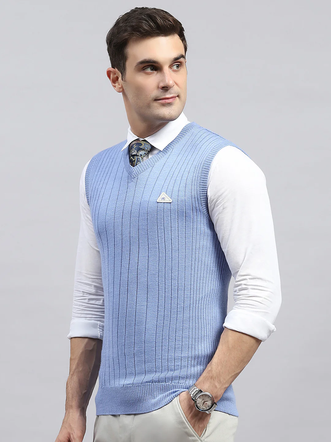 Men Sky Blue Solid V Neck Sleeveless Sweater - Image 3