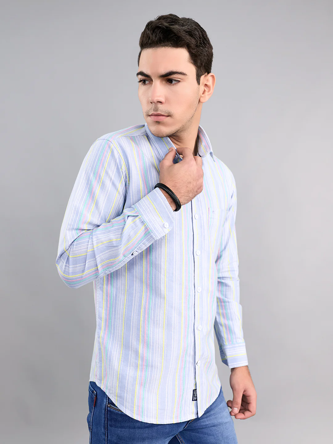 Men Sky Blue Stripe Collar Full Sleeve Shirt - Image 2