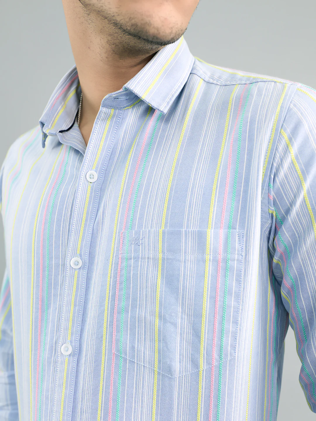 Men Sky Blue Stripe Collar Full Sleeve Shirt - Image 5