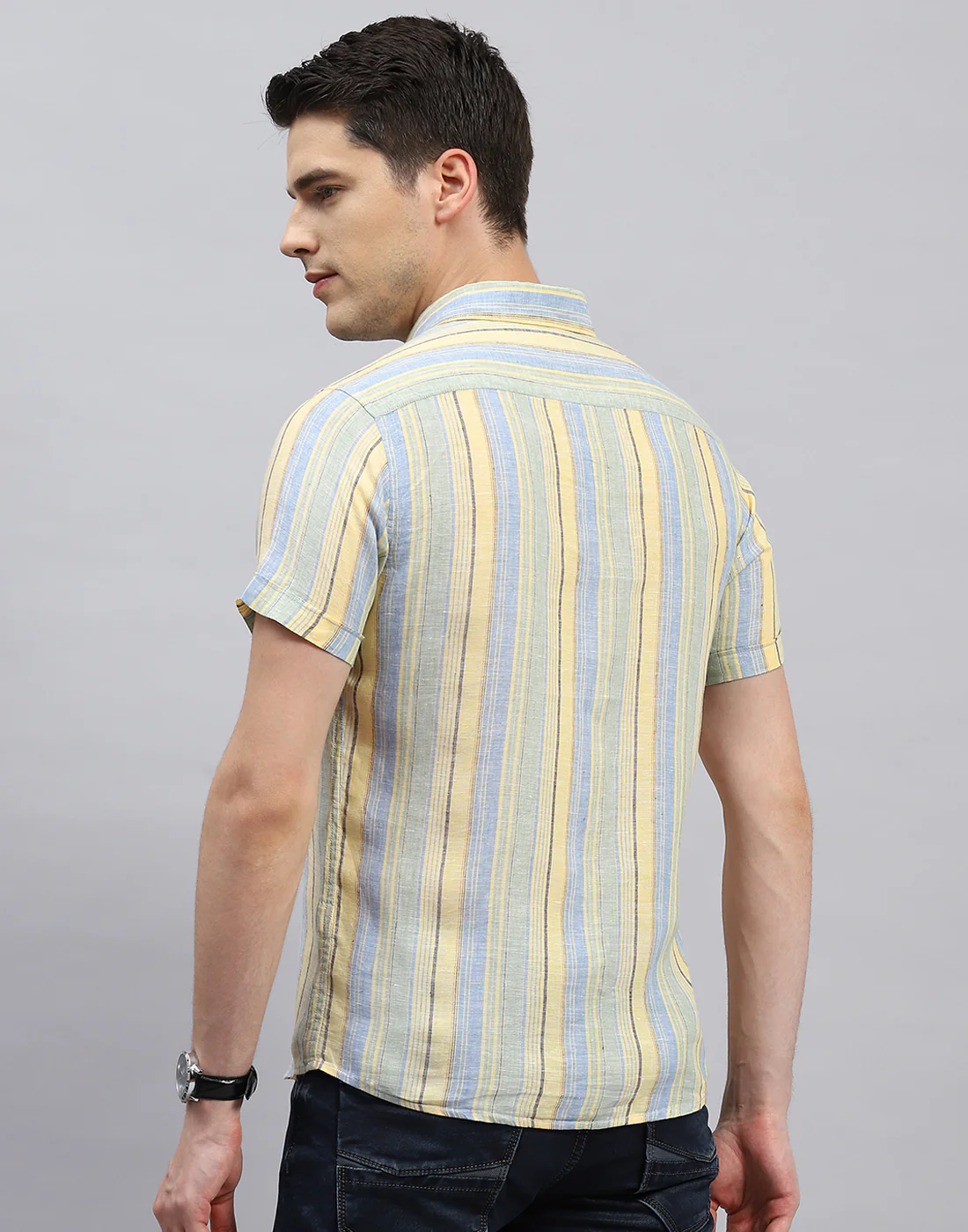 Men Sky Blue Stripe Collar Half Sleeve Linen Shirt - Image 5