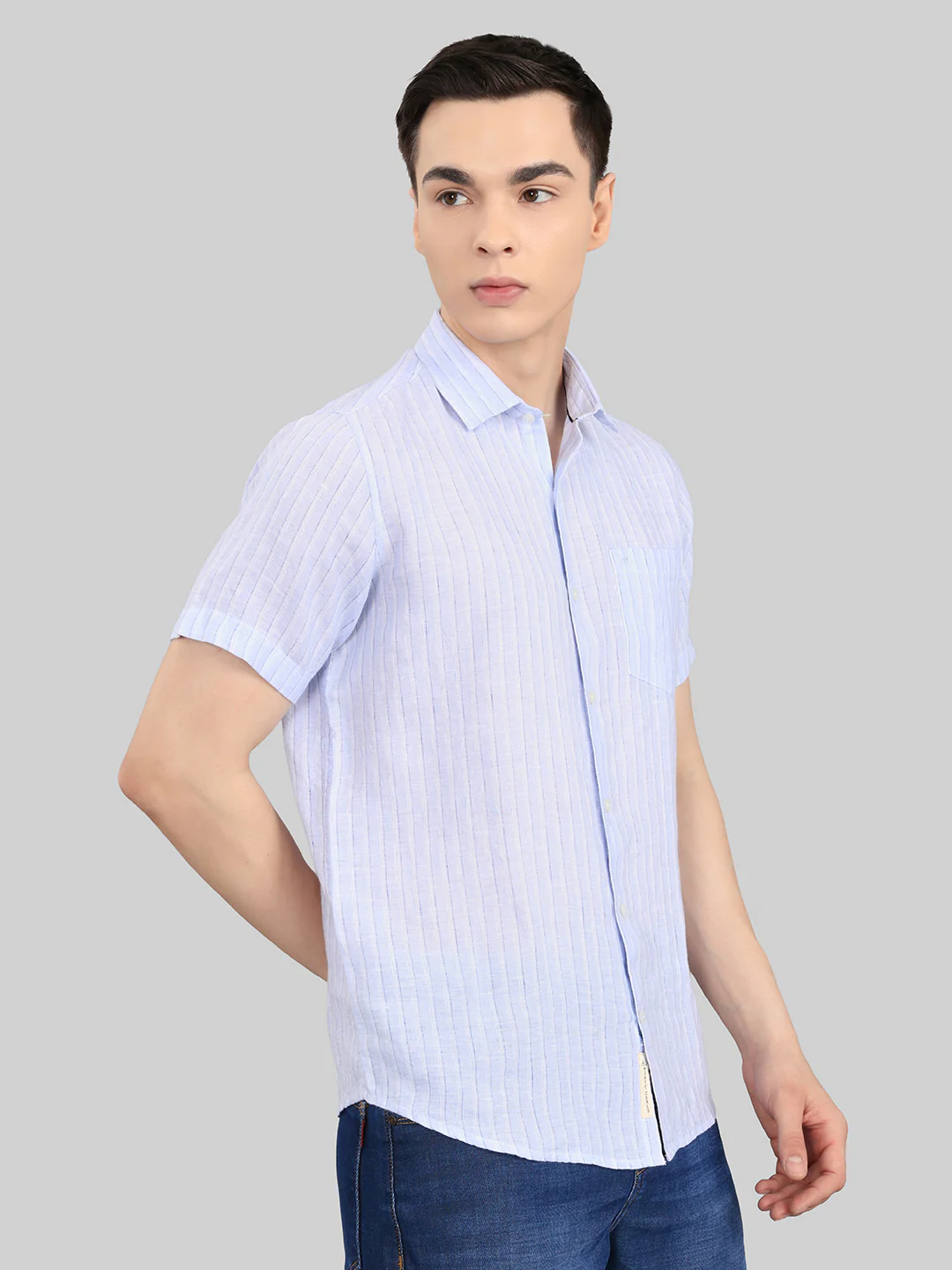 Men Sky Blue Stripe Collar Half Sleeve Shirt - Image 3