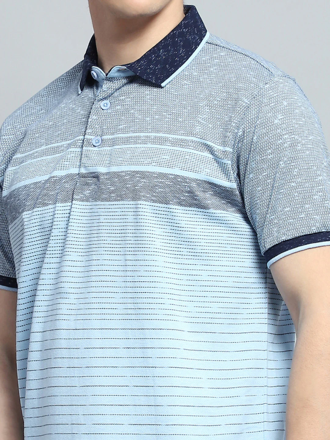 Men Sky Blue Stripe Collar Half Sleeve T-Shirt - Image 6