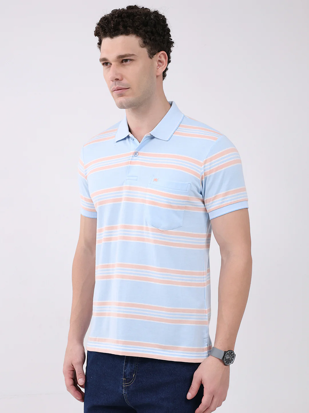 Men Sky Blue Stripe Collar Half Sleeve T-Shirt - Image 3