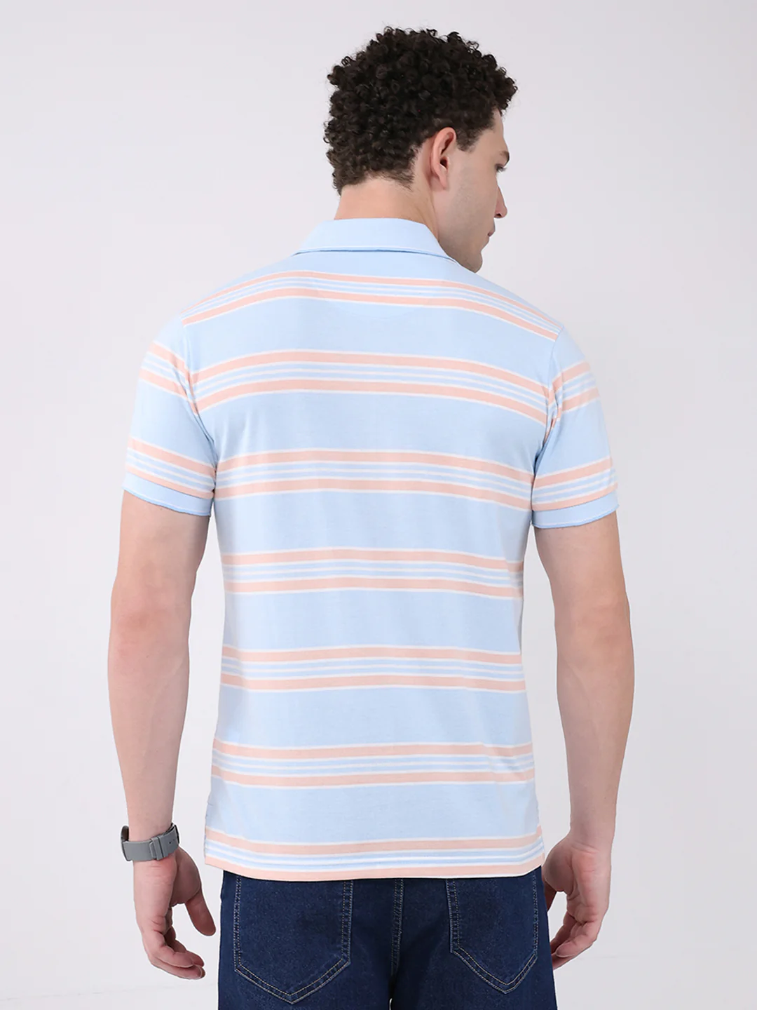 Men Sky Blue Stripe Collar Half Sleeve T-Shirt - Image 5