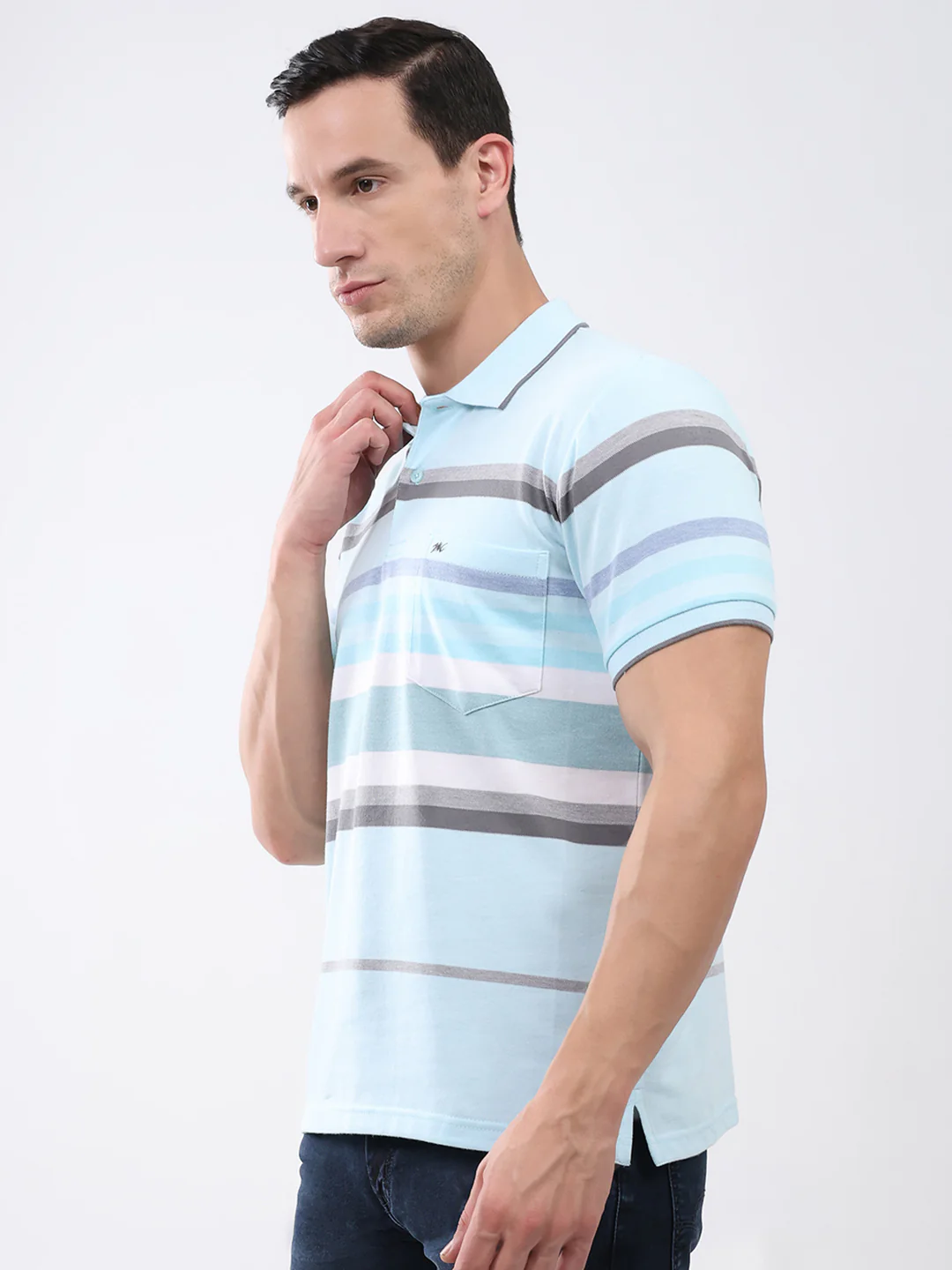 Men Sky Blue Stripe Collar Half Sleeve T-Shirt - Image 3