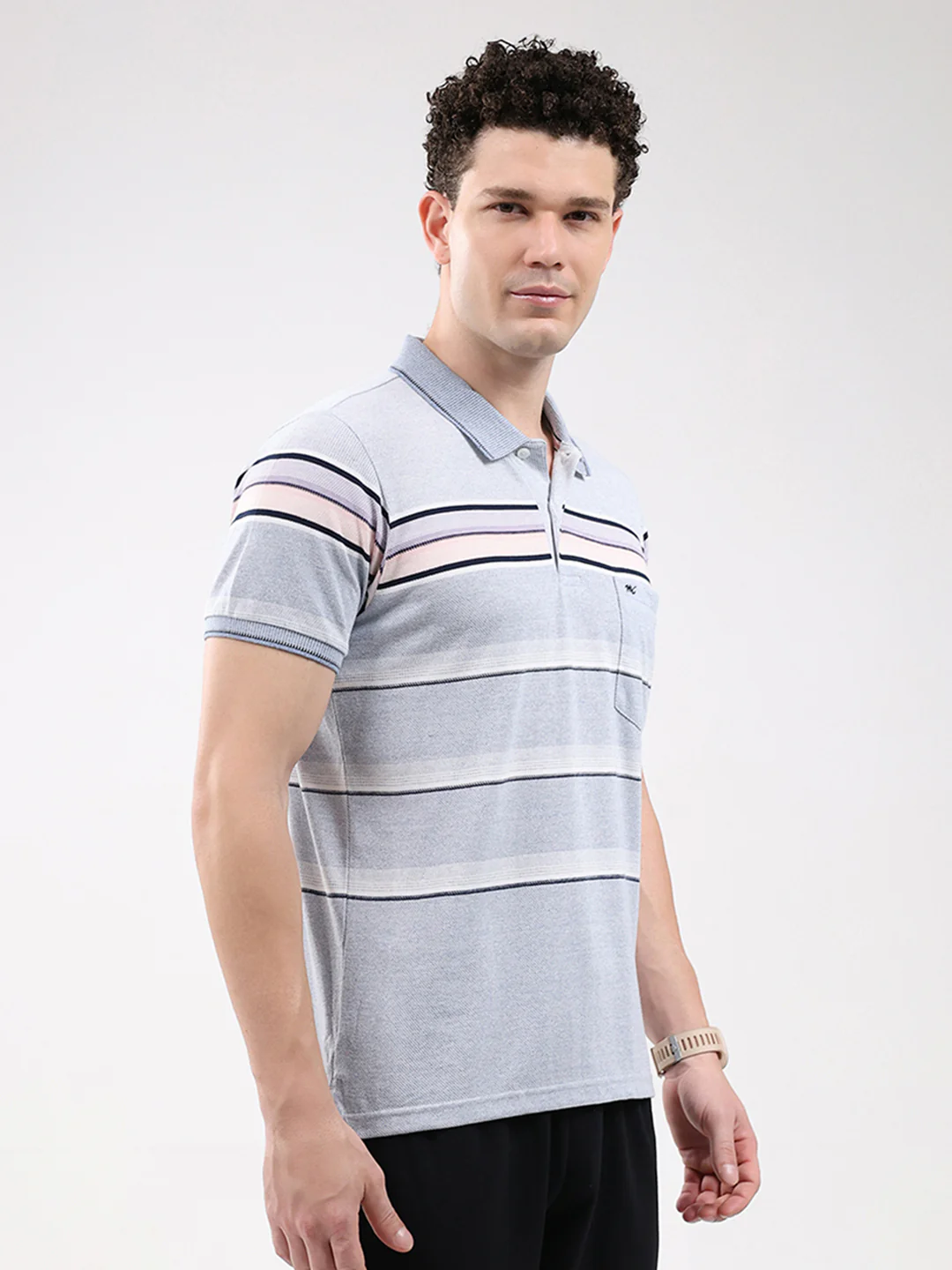 Men Sky Blue Stripe Collar Half Sleeve T-Shirt - Image 4