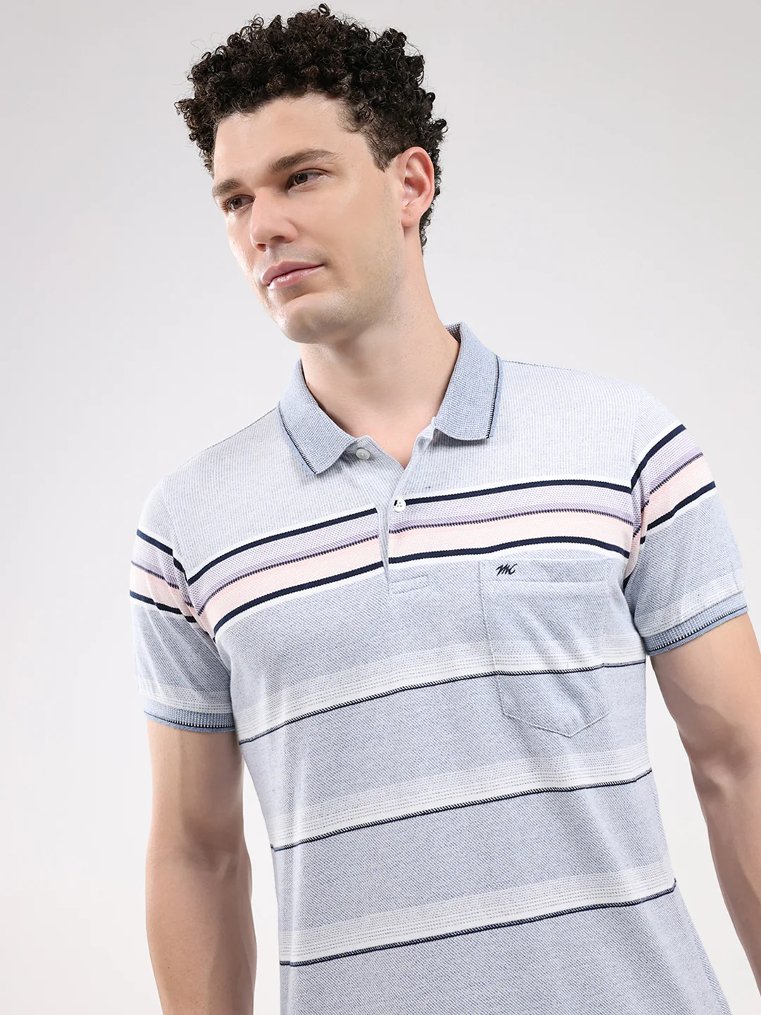 Men Sky Blue Stripe Collar Half Sleeve T-Shirt - Image 6
