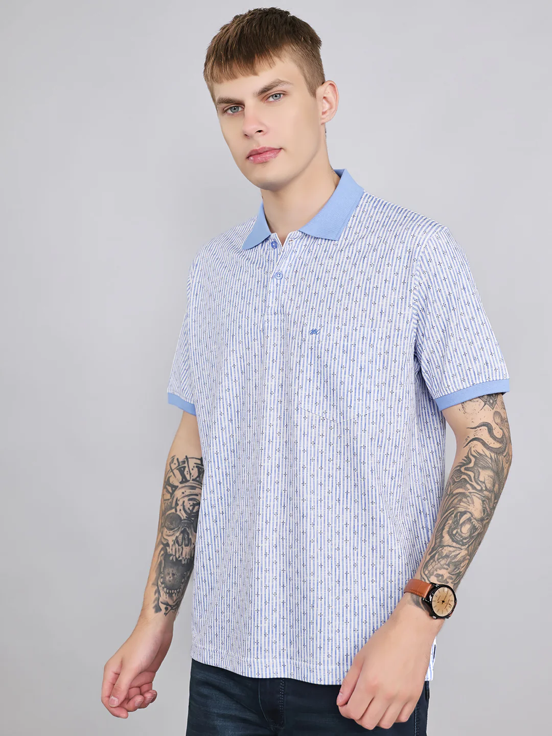 Men Sky Blue Stripe Collar Half Sleeve T-Shirt - Image 2
