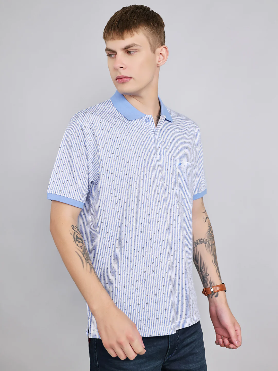 Men Sky Blue Stripe Collar Half Sleeve T-Shirt - Image 3