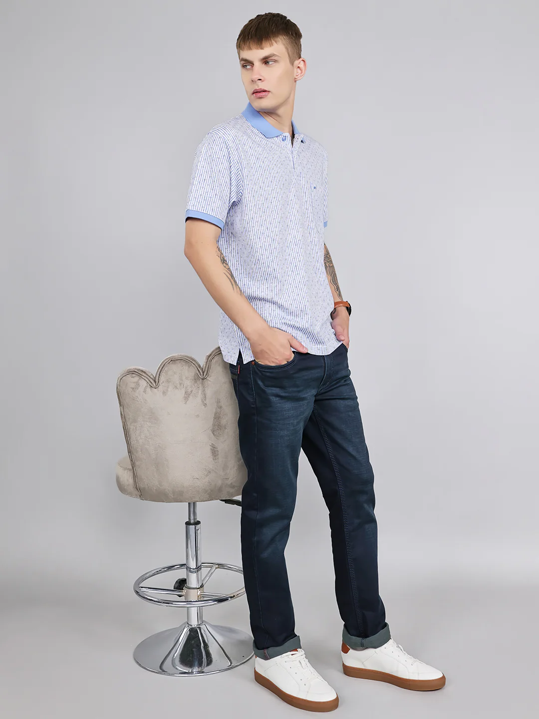 Men Sky Blue Stripe Collar Half Sleeve T-Shirt - Image 6
