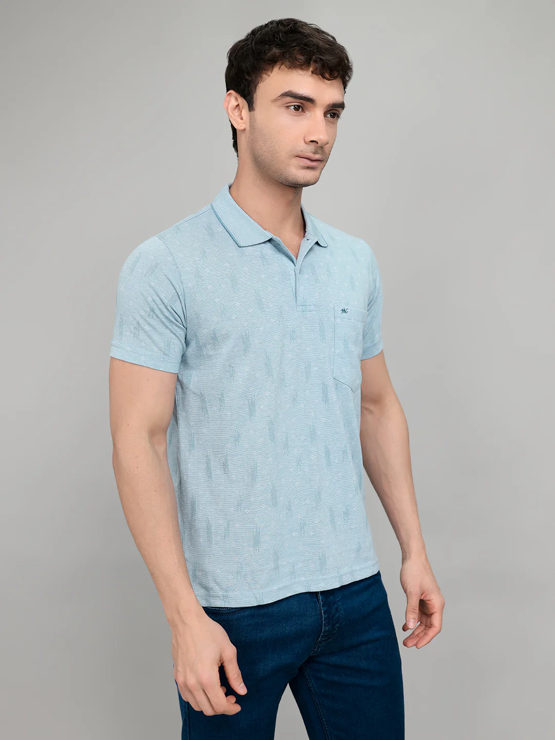 Men Sky Blue Stripe Collar Half Sleeve T-Shirt - Image 3