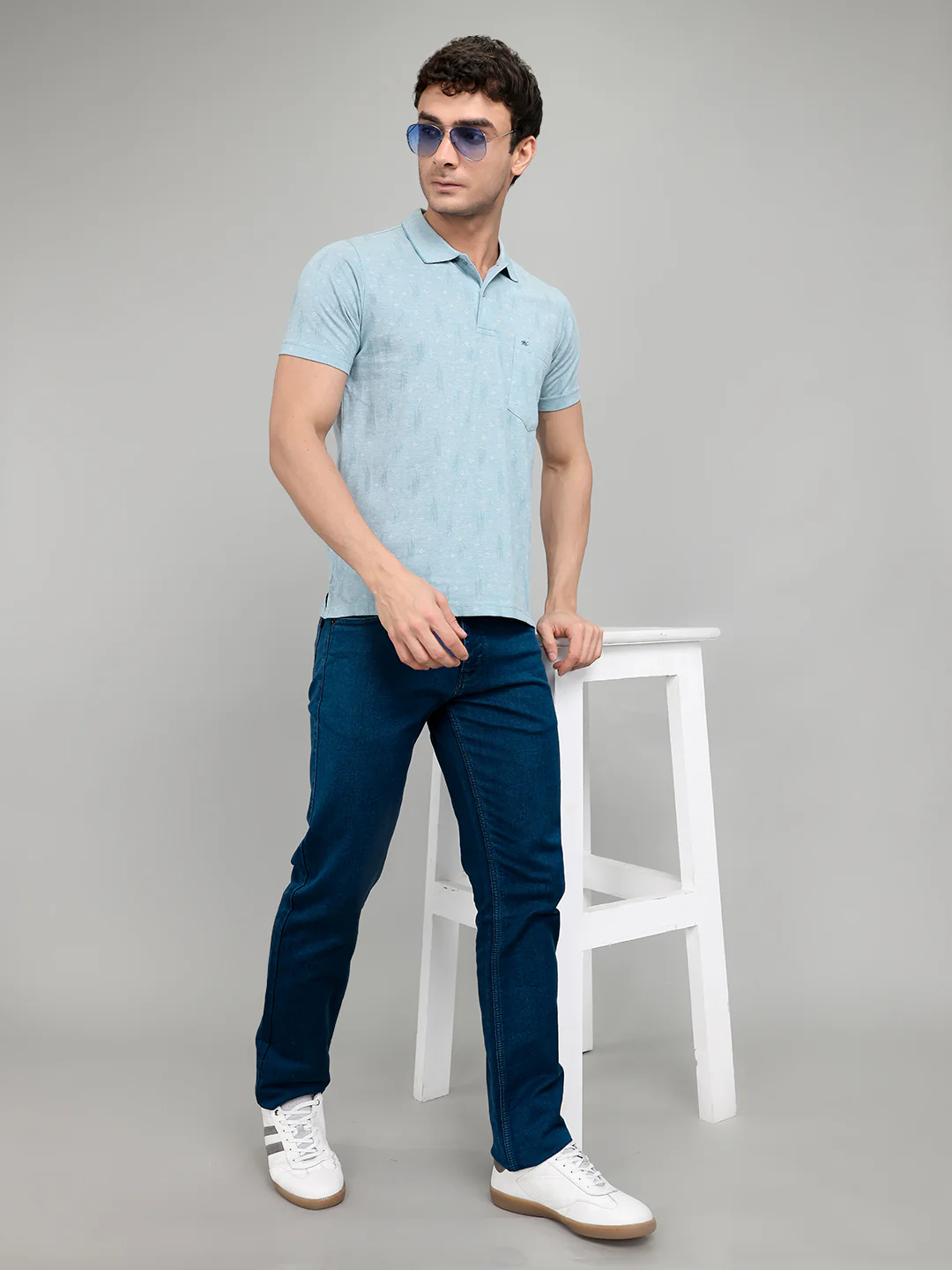 Men Sky Blue Stripe Collar Half Sleeve T-Shirt - Image 6