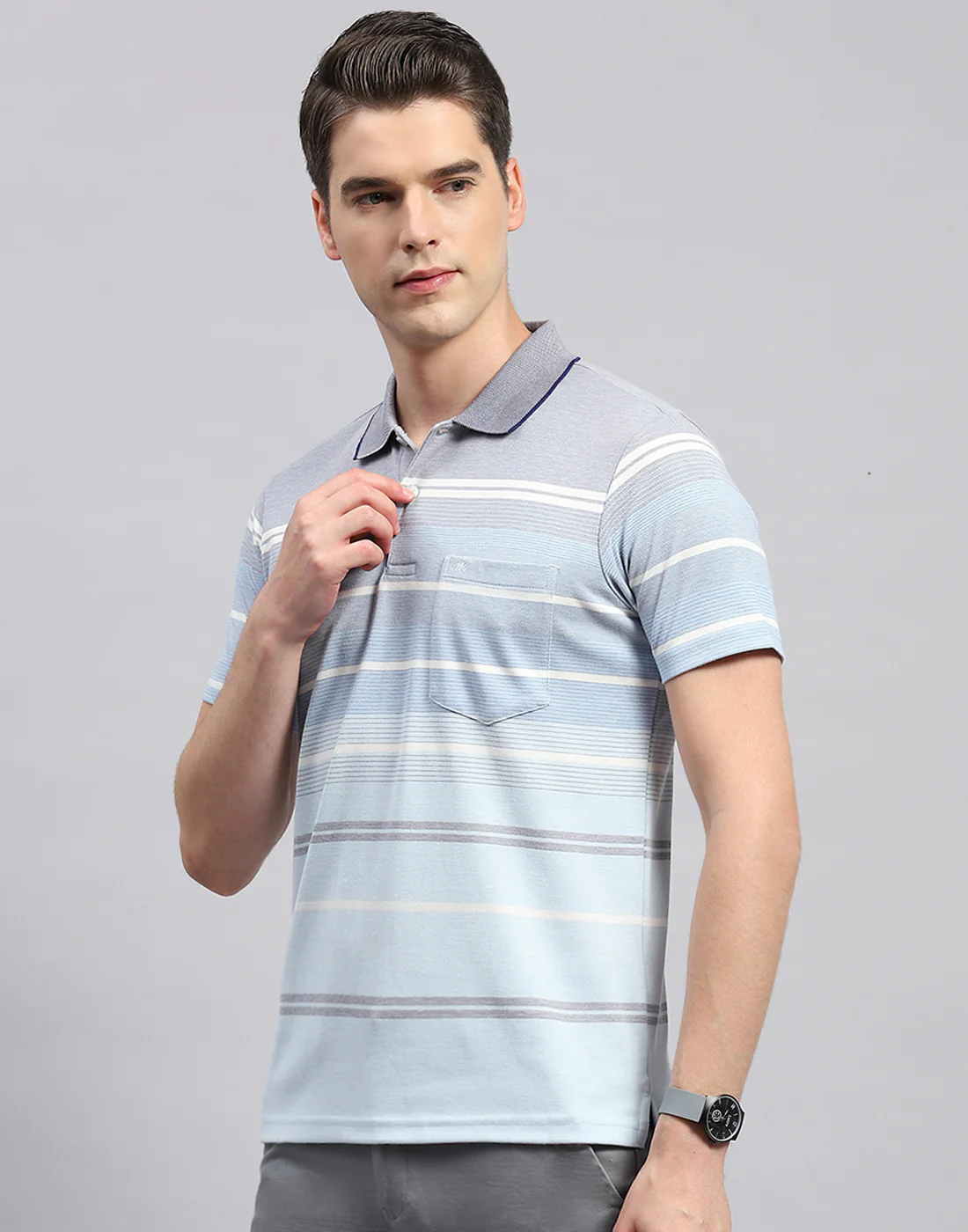 Men Sky Blue Stripe Collar Neck Half Sleeve T-Shirt - Image 3