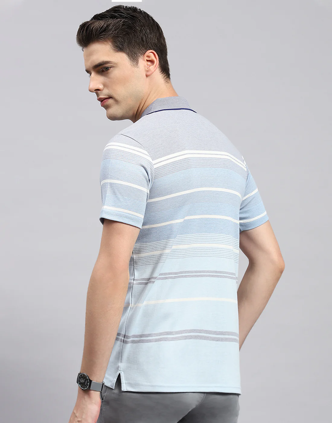 Men Sky Blue Stripe Collar Neck Half Sleeve T-Shirt - Image 5