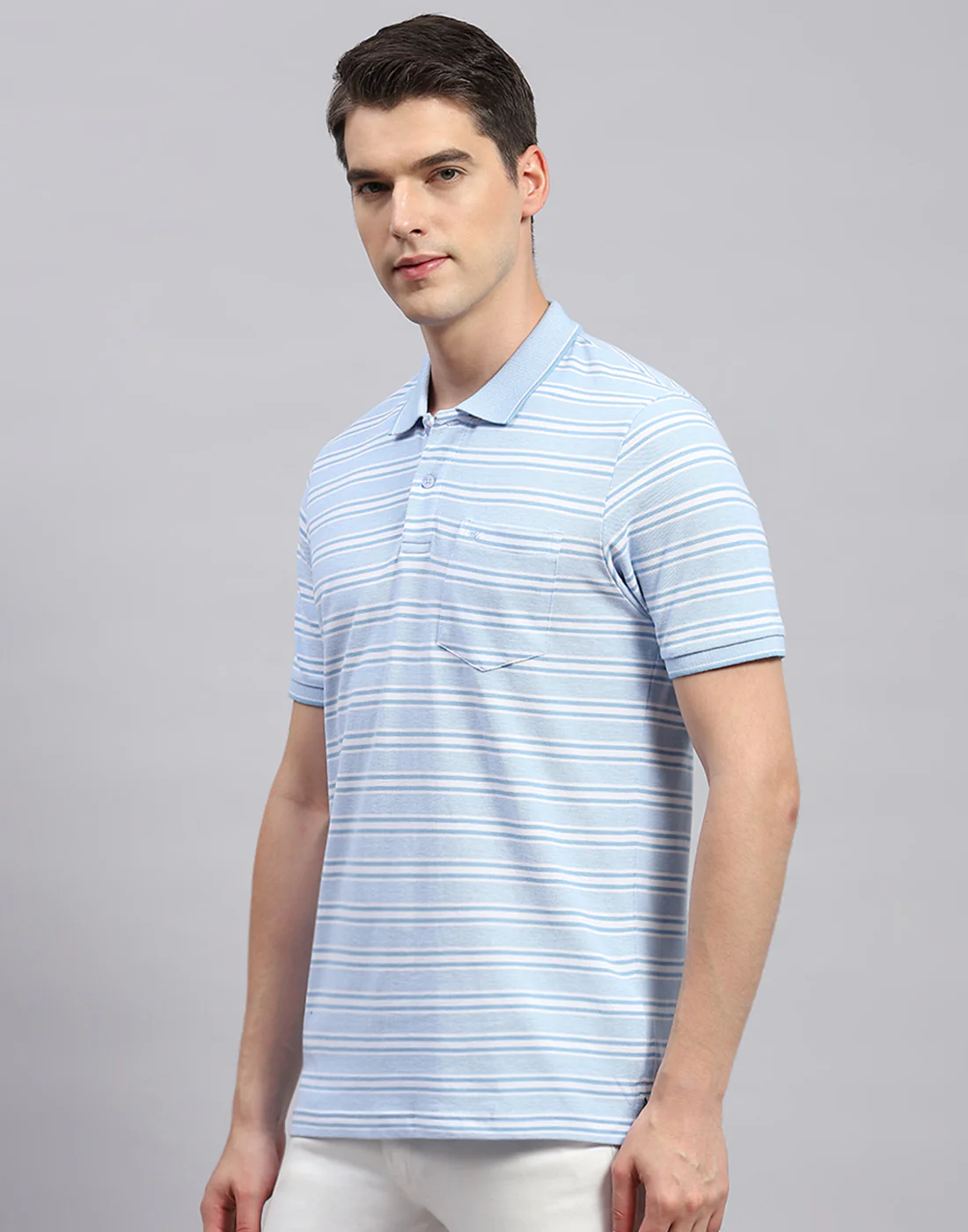 Men Sky Blue Stripe Collar Neck Half Sleeve T-Shirt - Image 3