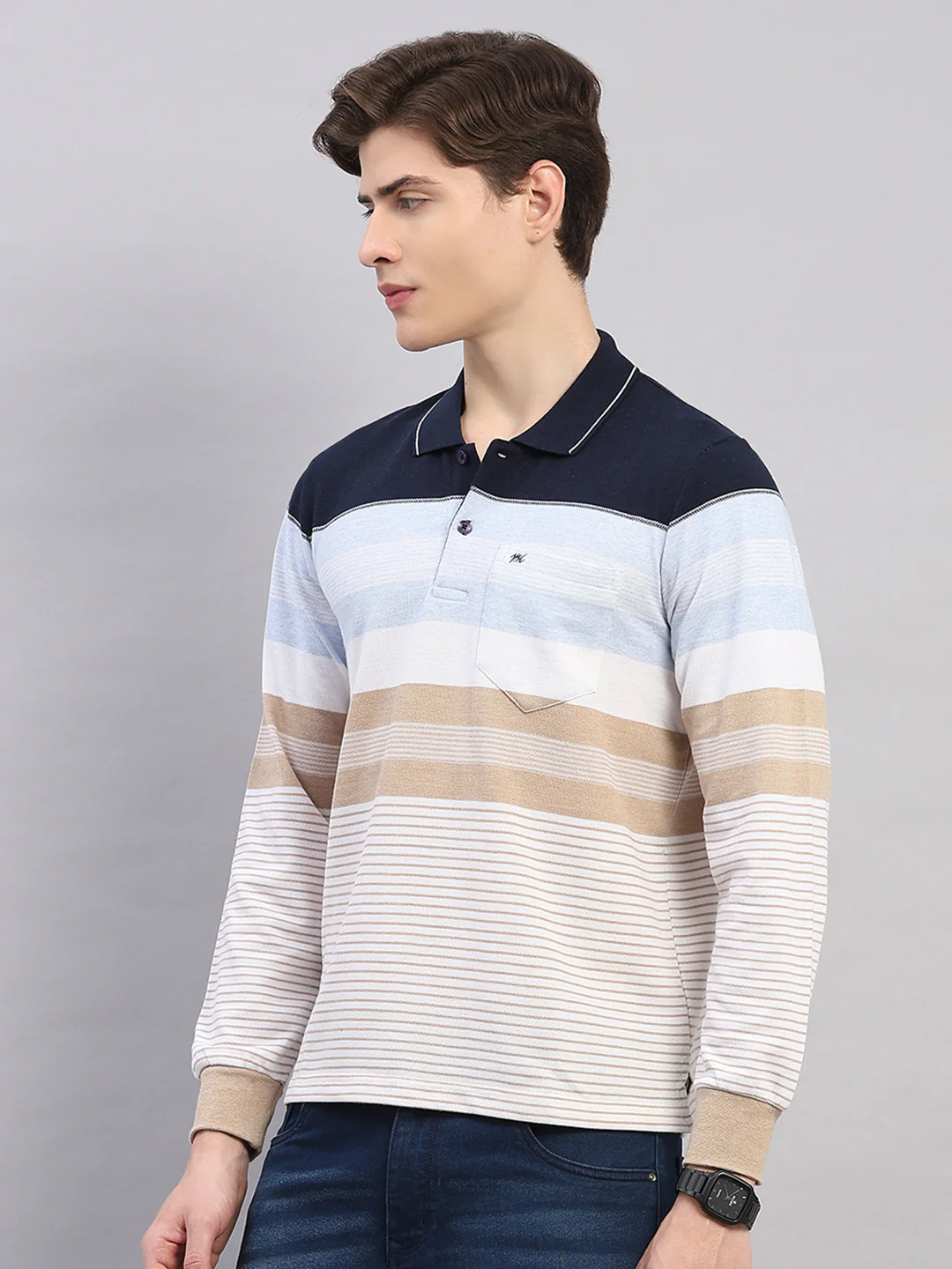 Men Sky Blue Stripe Polo Collar Full Sleeve Winter T-Shirt - Image 3