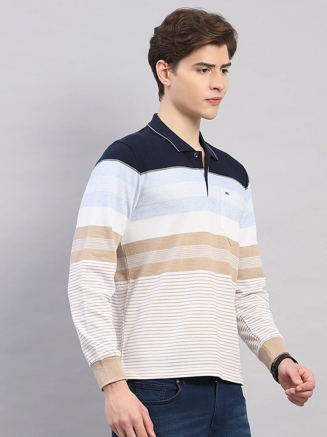 Men Sky Blue Stripe Polo Collar Full Sleeve Winter T-Shirt - Image 4