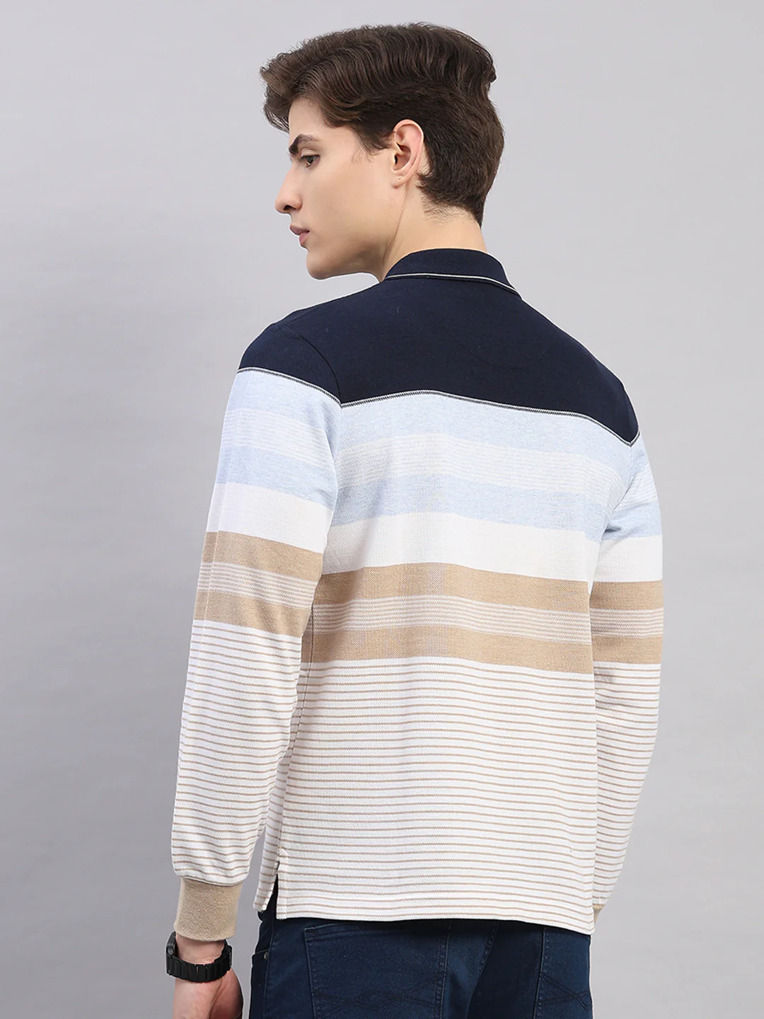 Men Sky Blue Stripe Polo Collar Full Sleeve Winter T-Shirt - Image 5