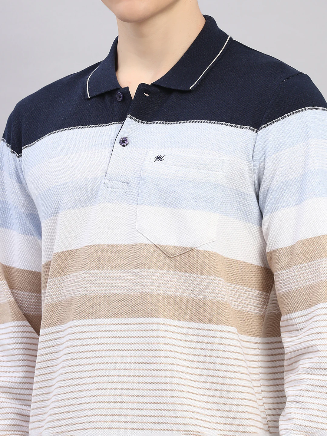 Men Sky Blue Stripe Polo Collar Full Sleeve Winter T-Shirt - Image 6