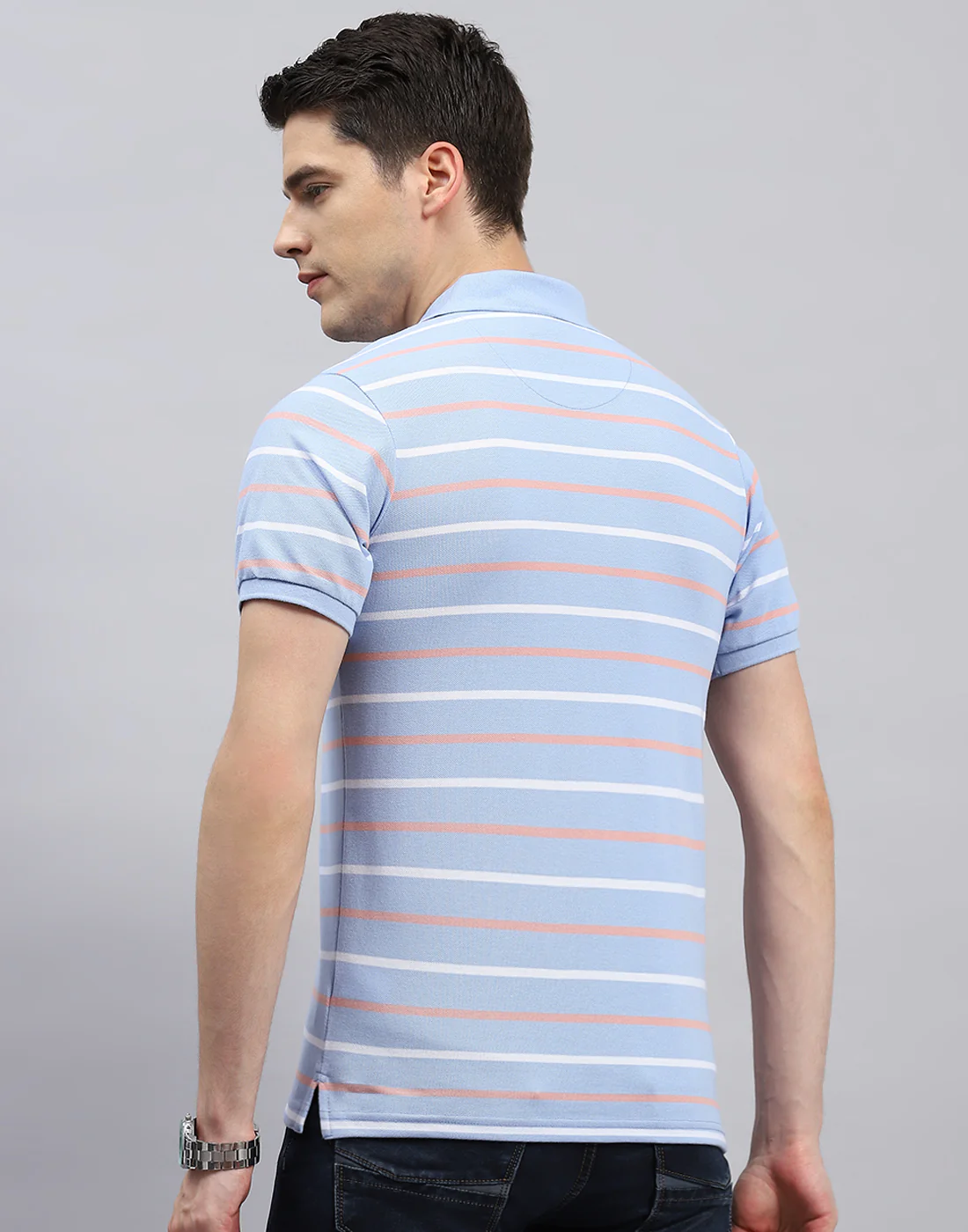 Men Sky Blue Stripe Polo Collar Half Sleeve T-Shirt - Image 5